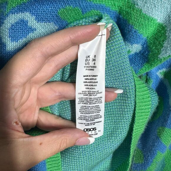 ASOS Design Top Women 4 Blue Green Wavy Heart Square Neck Lightweight 3/4 Sleeve - Picture 6 of 7